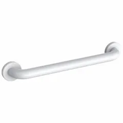 This straight grab bar is constructed from painted stainless steel with an antimicrobial surface. It measures 12 inches in length with a 1.5-inch diameter. Suitable for installation in bathrooms, showers, and other areas requiring a secure handhold for support.