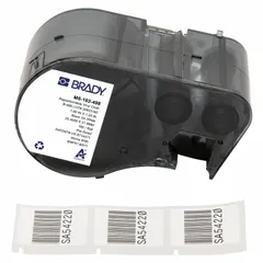 Vinyl precut label cartridge, black on white, measuring 1 1/4 in x 1 in. Designed for use with the M510 printer series and requires R6200 ribbon. Suitable for labeling wires, cables, and small cylindrical surfaces in industrial environments.