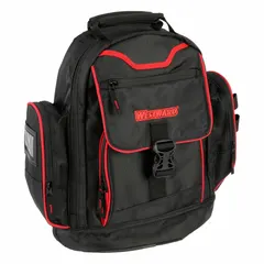 This black polyester tool backpack measures 19 1/2 inches wide, 7 inches deep, and 18 inches high. It features 15 inside pockets for organizing hand tools and accessories. Suitable for carrying tools on job sites or for maintenance tasks.