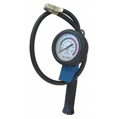 This single-tire inflator gauge features a dial-type display with 2 psi increments for precise pressure readings. Constructed with a nylon body and a single-head design, it has a 1/4 in thread size for connection to tire valves. Commonly used in automotive and fleet maintenance for inflating and checking tire pressure.