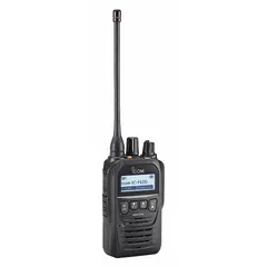 UHF handheld two-way radio with analog and digital NXDN operation. Features 512 channels, 5 W output, and 13-hour battery life. Black housing. FCC license required for operation.