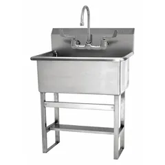 This one-station freestanding hand sink includes a faucet and is designed for handwashing in commercial or institutional settings. It features a 22 in bowl length and 10 1/2 in bowl depth, with a 0.5 gpm flow rate. Side splash is not included.