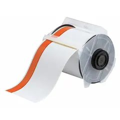 Thermal transfer continuous label roll, 4 in x 100 ft, vinyl with orange gloss and white gloss. Rated for outdoor use. Compatible with GlobalMark printer series. Suitable for pipe marking, safety warnings, and asset identification.