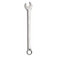 This combination wrench features a 12-point box end and an open end, with a 28 mm head size and 15 3/4 in overall length. The offset design provides clearance over obstructions. Constructed from alloy steel with a chrome finish, it is suited for tightening or loosening metric fasteners in mechanical assembly and maintenance tasks.
