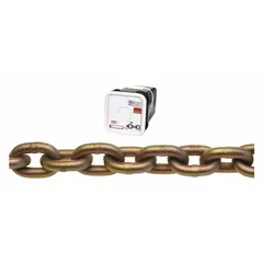 This Grade-70 load-securing chain is made of carbon steel with a straight, welded link design. It is used for heavy-duty tie-down and towing applications, such as securing cargo on flatbed trailers, construction equipment, and agricultural machinery.
