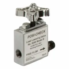 Steel body load holding check valve with 3/8 in NPT inlet and outlet connections. Rated for 10,000 psi and 5 gpm. Used in hydraulic systems to prevent reverse flow and maintain cylinder position under load, typical in pressing, lifting, and clamping circuits.