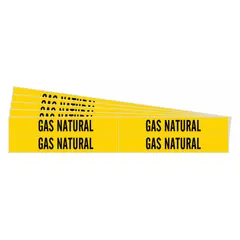 Yellow fiberglass pipe marker with black legend reading 'Gas Natural'. Fits pipe outer diameters from 3/4 to 2-3/8 inches. Includes 4 markers per pack, 5 packs supplied. Without arrows. Used for identifying natural gas pipelines in industrial facilities.