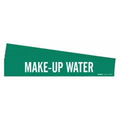 Green adhesive pipe marker with white legend text reading 'Make-Up Water'. Designed for pipes with an outside diameter of 8 inches and larger. Each pack contains 5 markers without arrows. Used to identify make-up water lines in piping systems.
