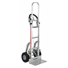 Load-control hand truck with flow-back handle for moving heavy boxes, appliances, and equipment in warehouses, delivery routes, and industrial facilities. Silver aluminum frame with flat-free tires eliminates downtime from flats. 500 lb capacity, 60 in handle height.