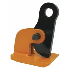 Steel plate-lifting clamp with load ring attachment for horizontal lifting. Manually actuated, rated for 500 lb working load limit. Sold as a 2-pack. Used in fabrication, construction, and manufacturing for moving steel plates.