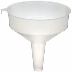 Clear plastic spout funnel with 64 fl oz capacity, 7 3/4 in diameter, and 8 in height. Includes hanging tab for storage. Suitable for transferring fluids in maintenance and workshop applications.
