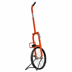 Mechanical measuring wheel with a 99,999 ft range, featuring a spoked single wheel with rubber tread and a steel frame. The adjustable handle and fold-down design allow for compact storage. Operates without batteries and measures in SAE (feet) units. Suitable for outdoor distance measurement tasks such as construction layout, land surveying, and property appraisals.