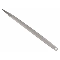 Round file with double-cut teeth, smooth cut, and safe edge. Tapers towards the point. Length without tang is 9 13/16 in. Used for deburring, enlarging holes, and shaping curved surfaces in metalworking.