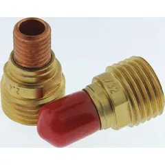 Gas lens for TIG welding, designed for electrodes up to 3/32 in diameter. Improves shielding gas coverage and reduces turbulence for a stable arc and cleaner welds. Sold in a pack of 5.