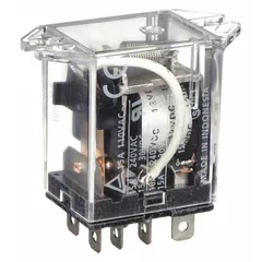 Surface-mounted relay with top flange mounting and octal base. Features SPDT contact configuration, 12V DC coil, and 15 A current rating at 10V AC (resistive load). Electrical connection via plug-in terminal. Suitable for switching resistive loads in industrial control panels and automation systems.