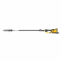 This battery-powered pole saw operates on a 60 V, 15 Ah battery system and features a 10-inch blade length with a 95-inch reach. It includes the tool, one battery, and one charger. Designed for trimming tree branches and pruning overhead foliage, it provides access to high limbs without a ladder.