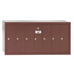 Vertical multi-unit mailbox with 7 lockable front-access doors. Measures 19 in H x 40 3/4 in W x 7 1/2 in D for recessed mounting. Suitable for centralized mail distribution in multi-tenant buildings.