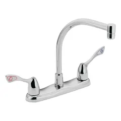 Centerset kitchen faucet from the MOEN M-Bition series. Constructed of cast metal with a chrome finish. Features a widespread, deck-mounted design requiring 3 mounting holes. Suitable for residential and light commercial kitchen sink installations, providing water delivery for washing, rinsing, and food preparation.