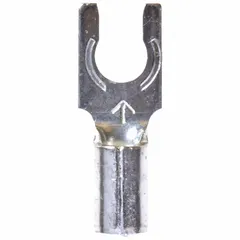 Non-insulated locking fork terminal for #6 stud size, accepting 16 AWG to 14 AWG wire. Rated 600 V. Used for terminating wires in electrical panels, machinery, and power distribution systems where vibration resistance is needed.