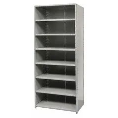 This heavy-duty standalone closed metal shelving unit is constructed from steel with a gray finish. It measures 36 inches by 18 inches with an overall height of 84 inches and includes 8 shelves. The unit is unassembled and suitable for organizing tools, parts, and bulk materials in industrial and commercial storage environments.