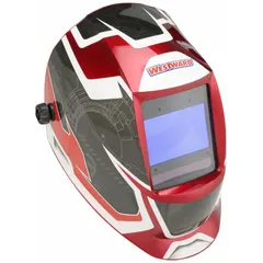 Auto-darkening welding helmet with nylon shell and black/red/white graphics. Features 4 arc sensors, digital controls, and a viewing area of 3.82 in x 2.44 in. Welding shade range W5-13 with grind mode. Ratchet suspension adjustment for secure fit. Suitable for arc welding applications requiring eye and face protection.