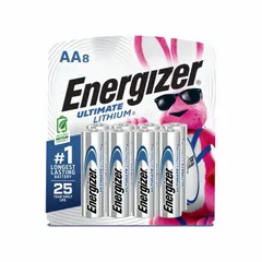 ENERGIZER Ultimate Lithium AA battery, 1.5V DC, 8-pack. High-performance lithium cell designed for long shelf life and consistent power output in demanding applications such as wireless sensors, gas detectors, and portable test equipment. Suitable for use in extreme temperatures.