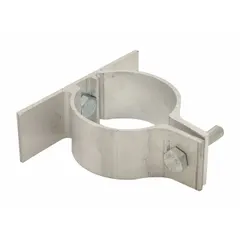 Clamp-on aluminum brackets for mounting single-sided signs to 2-3/8 in round posts. Supplied as a pair in unfinished silver. Suitable for traffic, parking, or directional signage.