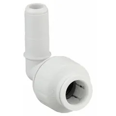 This polysulfone push-to-connect tube fitting is a 90° elbow adapter with 3/4 in OD x 3/4 in OD size. It enables tool-free connections in fluid systems, suitable for use with rigid or semi-rigid tubing. The plastic construction resists corrosion and high temperatures.
