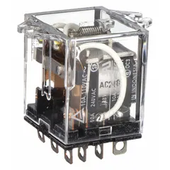 This OMRON LY Series relay features a 3PDT contact configuration with a 10 A current rating at 240V AC. It has an octal base, top flange mounting, and plug-in terminal connection. Operating current is 5 A at 24V DC for inductive loads. Suitable for industrial switching and control applications such as motor starters and automation panels.