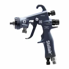 This GRACO HVLP spray gun features a stainless steel construction and a 13-1/2 in spray pattern width. It has a 1/4 in NPSM air inlet with 9.8 CFM air consumption and includes an air cap. Compatible with enamels, epoxies, paints, and sealers, it is suited for industrial finishing, automotive refinishing, and woodworking applications requiring controlled overspray.