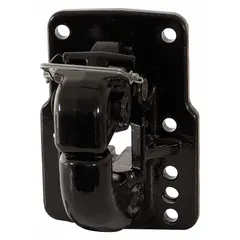 Steel pintle hook with powder-coated finish. Rated for 100,000 lb gross trailer weight. Used for heavy-duty towing connections between trucks and trailers in industrial, construction, and agricultural settings.