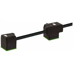 Double-valve DIN Form A solenoid connector cordset with two female right-angle connectors and bare wire terminations. PVC cable, black jacket, 5 m length, 18 AWG wire size, IP67 rating, and 110 mm DIN connector spacing. Used for connecting solenoid valves in industrial automation, pneumatic, or hydraulic control panels.