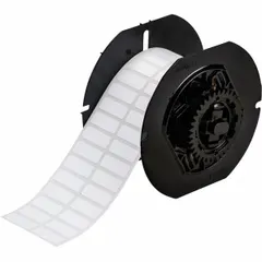 Nylon precut label roll with white matte finish, measuring 3/8 in x 1 in. Autoclavable, cryogenic, and halogen-free. Compatible with i3300 printer series. Used for identification and traceability in environments requiring sterilization, extreme cold, or low-smoke zero-halogen conditions.