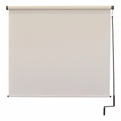 This right-side pole-and-crank-operated sun shade from the Regal Series features an 8 ft cream fabric with 90% UV protection. It uses a bungee and hook tie-down system for secure installation. Suitable for outdoor shading on patios, decks, and terraces.