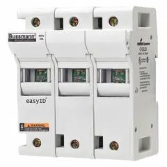 3-pole UL Class J fuse block rated for 600 V AC. Features DIN rail mounting and box lug termination for secure wire connections. Suitable for mounting Class J fuses in industrial control panels and power distribution systems.