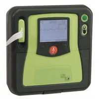 Semi-automatic AED in a soft case with included CPR feedback. Features a 5-year pad shelf life. Designed for emergency cardiac care to restore normal heart rhythm during sudden cardiac arrest