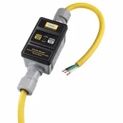 This inline GFCI cord provides ground-fault protection for equipment operating at 250V AC and 30 A. It features a 6 ft length, 10/4 cable, bare wire plug, and non-NEMA receptacle configuration with manual reset operation. Suitable for industrial applications requiring temporary power with GFCI protection.