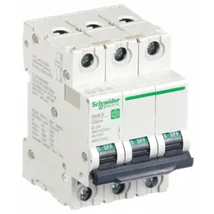 This SCHNEIDER supplementary protector is a 2 A, B-Curve, 3-pole device from the C60SP series. It is UL1077 listed and DIN rail-mountable, with a maximum AIR rating of 14kA at 240V AC and AC voltage ratings of 240/415/440V AC. The screw clamp terminals facilitate wiring. Typical applications include overcurrent protection in industrial control panels, HVAC equipment, and lighting circuits.