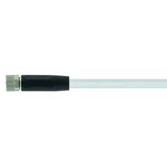 Single-ended cordset with a gray PVC jacket for flexing applications. One end has an M8 female straight connector, the other is bare wire. Features 4 pins, 24 AWG wire, 2 m cable length, and IP66K rating. Used to connect sensors or actuators in industrial automation and packaging equipment.
