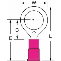 Vinyl insulated ring terminal for 22 AWG to 18 AWG wire, with a 3/8 in stud size and 600 V rating. Provides secure electrical connections in control panels, machinery, and power distribution systems.