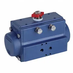 Double-acting pneumatic actuator for quarter-turn valves. PTFE coated aluminum housing with ISO F03 mounting interface. Zero springs for double-acting operation. Suitable for on/off or modulating control of ball and butterfly valves in industrial automation.