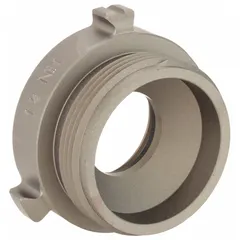 This straight aluminum adapter connects fire hoses to hydrants or standpipes using National Hose (NH) threads on both ends. It couples 1-1/2 in and 2-1/2 in fittings for fire-suppression systems.
