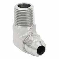 This rigid 90° elbow adapter connects NPT male threads to JIC male threads in hydraulic systems. It is used to route hoses around obstacles in fluid power applications. Fitting size is 1/2 in x 1/2 in with male x male gender and NPT x JIC connection type