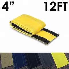 This 12-foot long, 4-inch wide nylon cable cover in yellow uses a hook-and-loop closure for quick installation and removal. It is designed to manage cables across walkways or work areas, reducing trip hazards and protecting cables from damage in industrial, commercial, and event settings.