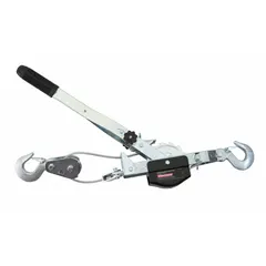 This cable ratchet puller is designed for lifting, pulling, and tensioning loads up to 1,500 lb. It features a hook-mounted design with a safety latch for secure attachment to anchor points or loads. The unit is supplied without a trolley and includes a carrying case for storage and transport.