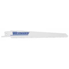 Set of five reciprocating saw blades for wood cutting and pruning. Each blade is 6 inches long and 1.3 mm thick, with a rigid design for straight cuts and a tapered profile to reduce binding during plunge cuts.
