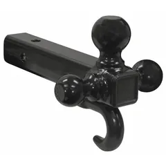 Steel ball mount with a 1-7/8 in diameter ball and a built-in recovery hook. Powder coated finish provides corrosion resistance. Suitable for towing trailers, boats, or campers; the hook offers an attachment point for winching or recovery operations.