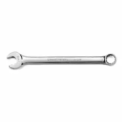 This GEARWRENCH combination wrench features a 12-point metric box end and an offset design for improved access in confined spaces. Constructed from alloy steel with a chrome finish, it has a 1 1/8 in head size and 16 in overall length. Suitable for tightening and loosening fasteners in mechanical assembly and maintenance tasks.