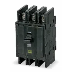 Three-pole miniature circuit breaker rated 15 A at 120/240V AC with a maximum interrupting rating of 10kA at 120/240V AC. Suitable for overcurrent protection in three-phase air conditioning and refrigeration equipment. Unit-mount design for panelboard installation.