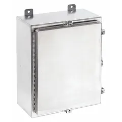 This WIEGMANN enclosure is fabricated from 304 stainless steel with a solid cover secured by clamps. It measures 30 x 24 x 8 inches and carries NEMA 12/13/3R/4/4X ratings for protection against dust, water, corrosion, and washdown environments. No knockouts are provided. Typical applications include housing electrical controls, terminals, and instruments in industrial settings.